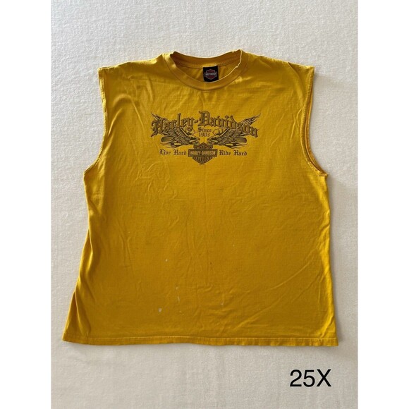 Harley Davidson Yellow Muscle Tank Live Hard Ride Hard Eagle 2XL Has Paint Marks - Picture 1 of 8